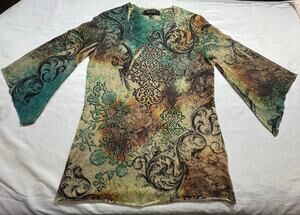 B.L.E.U. Women’s Small Top 3/4 Flared Sleeve Rhinestones Earthtones Boho Floral